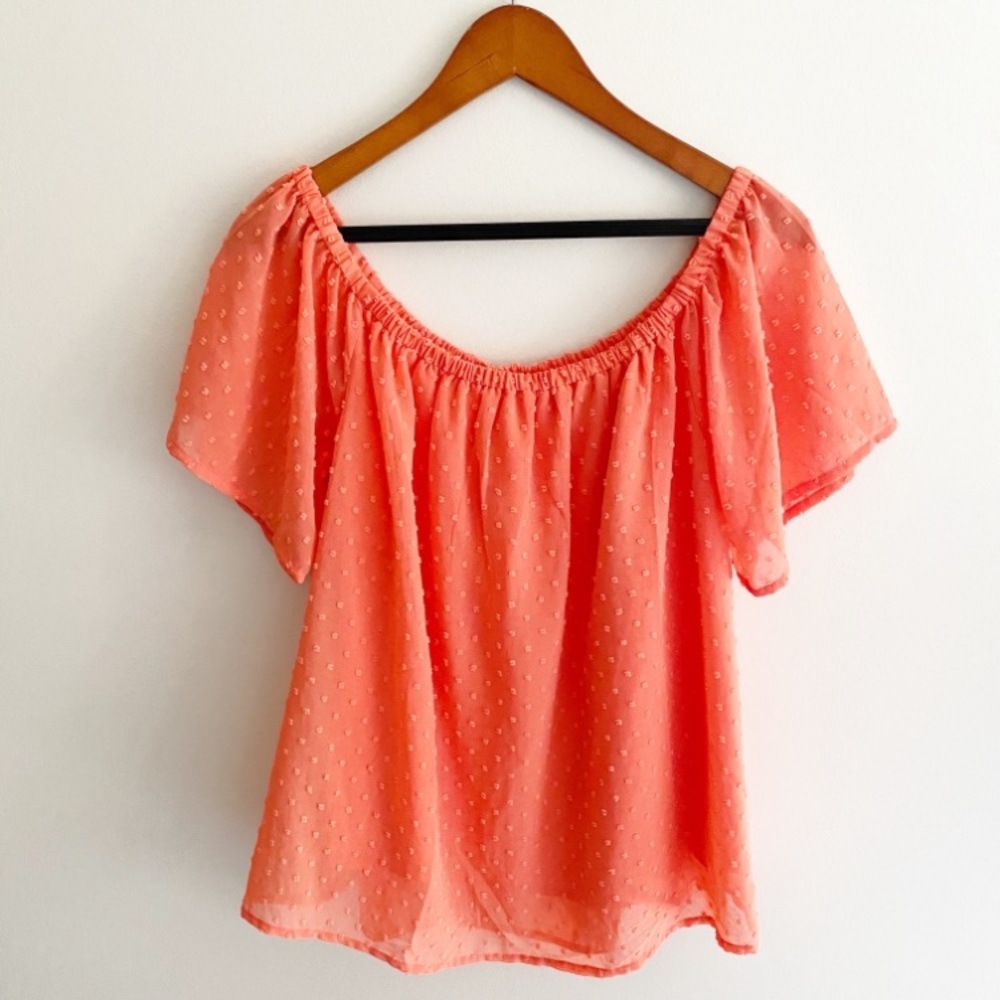 Peach Swiss Dot Off Shoulder Top Boho Flowy Summer Blouse Size L